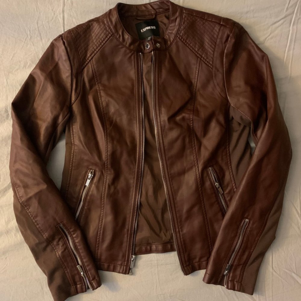 Express Brown Pleather Bomber Jacket Medium